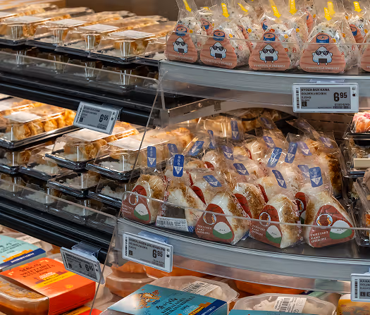 Golden Unicorn packaged meals and onigiri on store shelves.