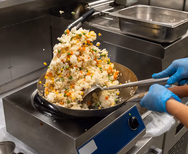 Gloved hands tossing fried rice in a wok.